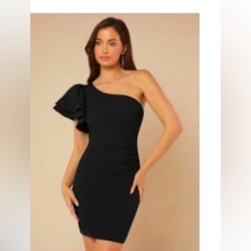 SHEIN Black One-Shoulder Ruffle-Accent Bodycon Dress